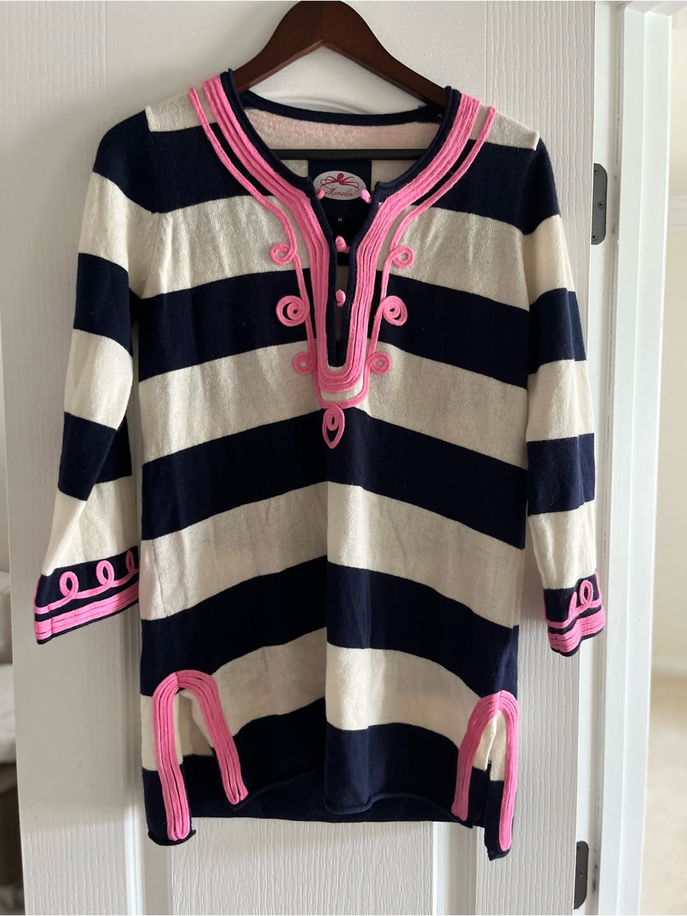 Striped Navy & White Sweater Tunic with Pink Trim